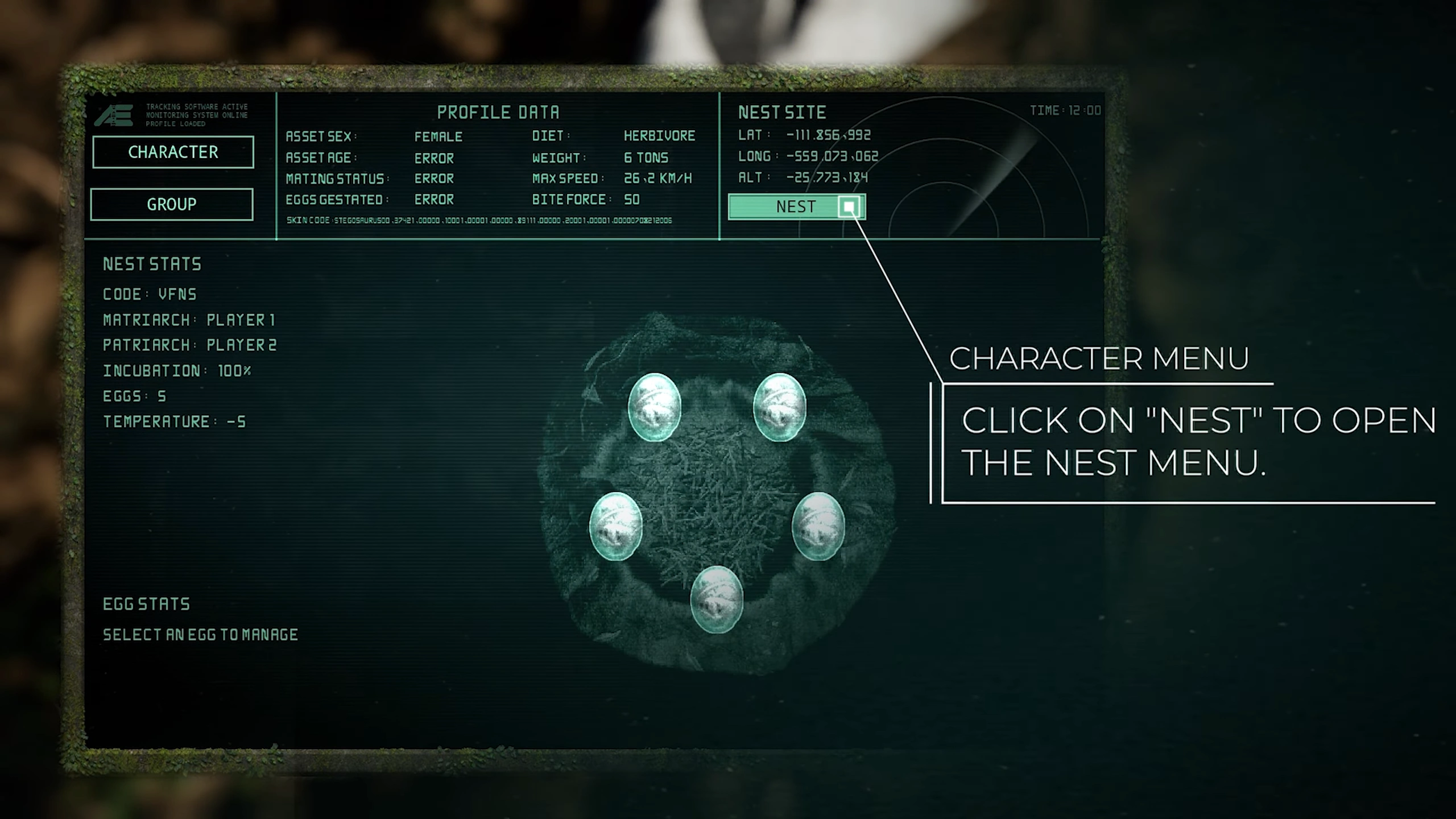 The in-game Tab → Nest menu showing egg gestation count and incubation status