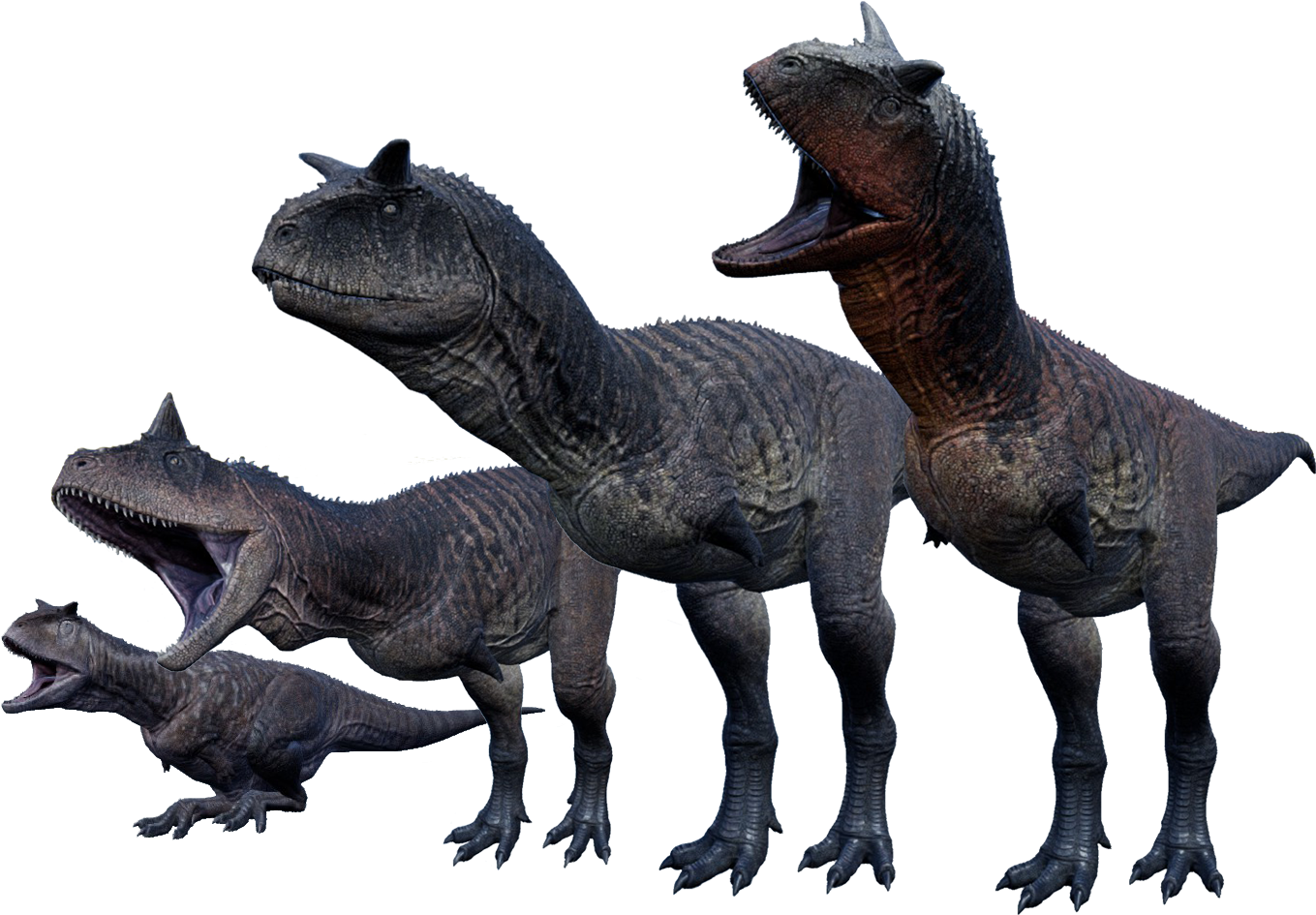 Carnotaurus shown at four growth stages in The Isle: Evrima — hatchling, juvenile, subadult, and adult side by side for scale