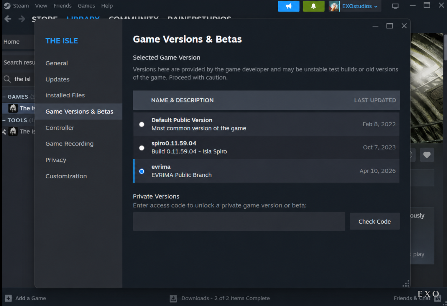 Steam → The Isle → Game Versions & Betas with 'evrima — EVRIMA Public Branch' selected from the version list