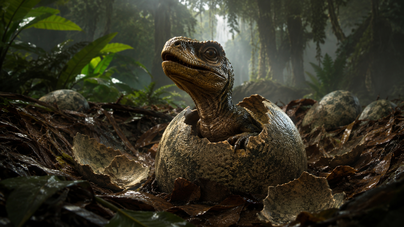 Hatchling emerging from an egg in The Isle: Evrima jungle environment