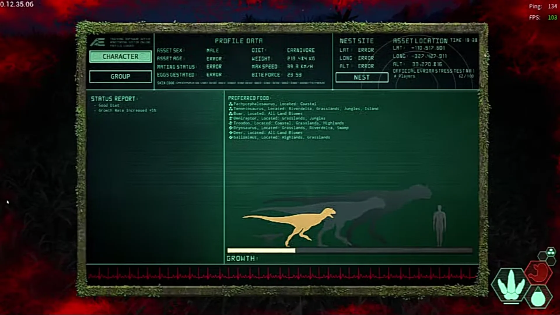 In-game Status Report screen showing the Profile Data, Status Report, Preferred Food panels, growth bar, dinosaur silhouette, and the red EKG-style heartbeat indicator running along the bottom edge
