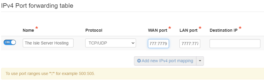 Router admin page with port forwarding rules for the Evrima dedicated server ports