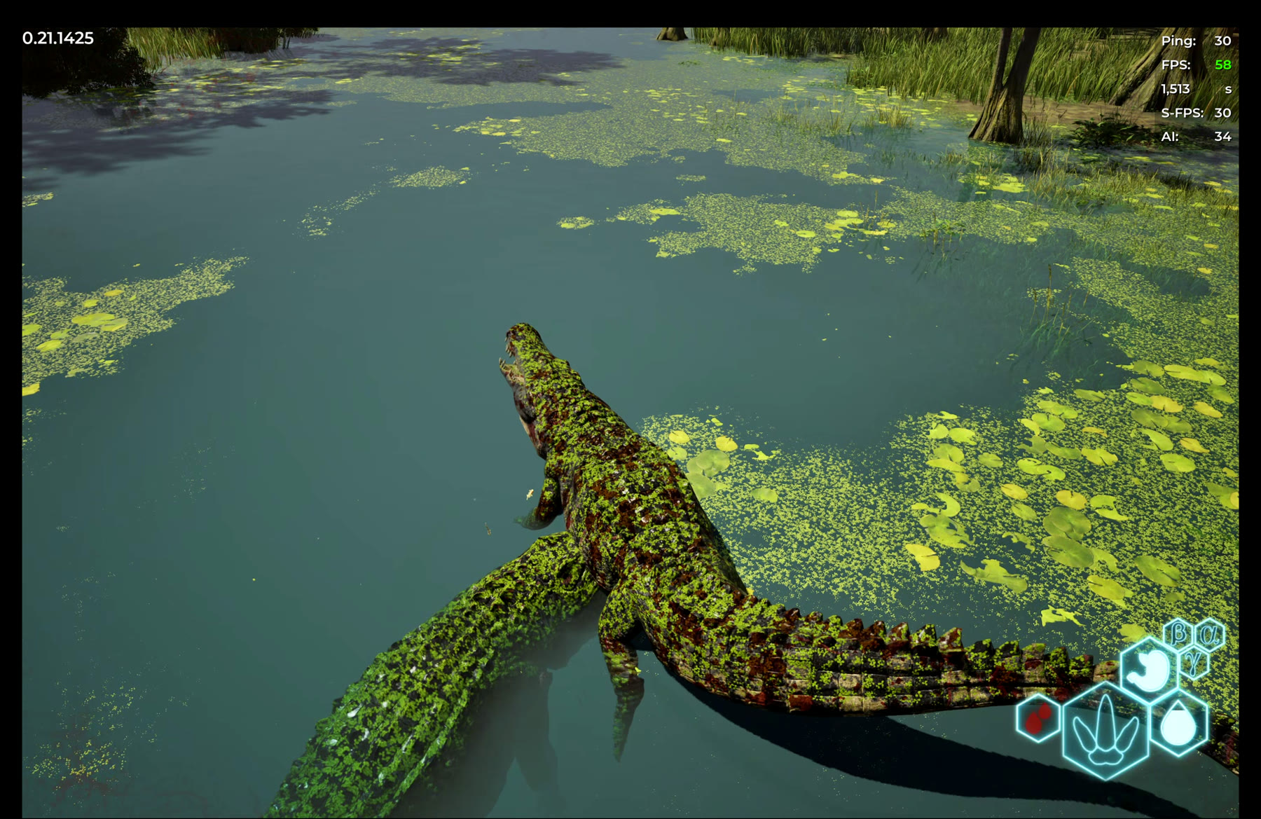 A Prime (moss-covered) Deinosuchus grabbing and pinning a Frail Deinosuchus in the water
