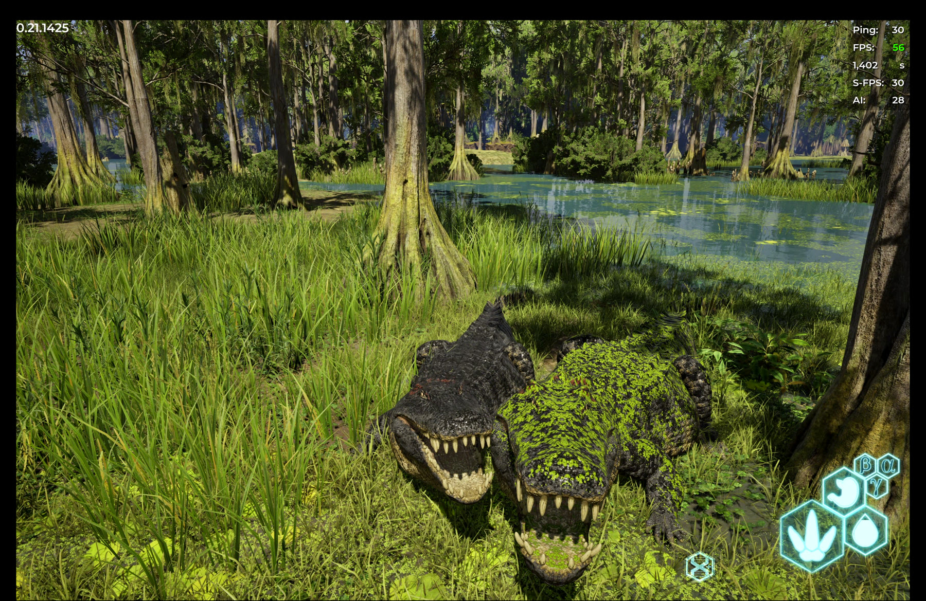 Two Deinosuchus in a swamp, both fully grown — the moss-covered individual is Prime, the bare one is Frail