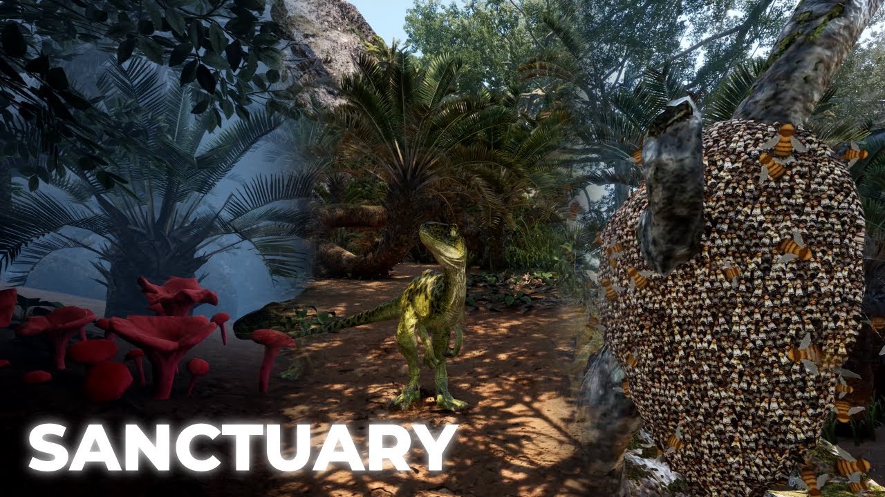 In-game sanctuary with bee swarms attacking a dinosaur that has grown past subadult