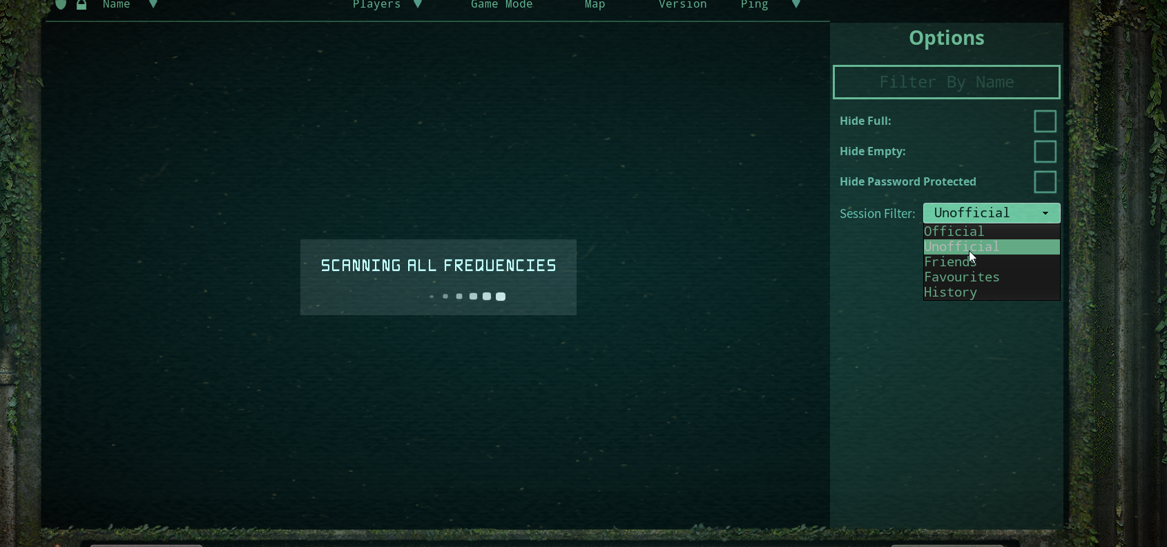 The Isle in-game server browser with Session Filter set to Unofficial and a server name typed in the Filter By Name field