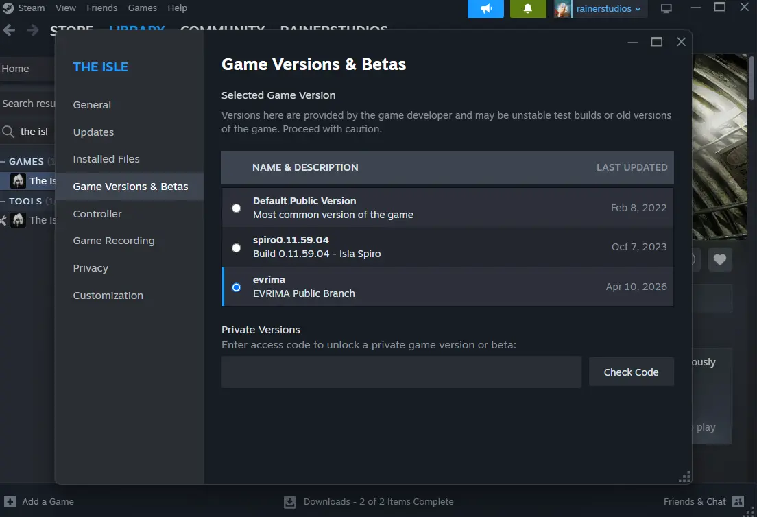 Steam Properties → Betas tab showing the Beta Participation dropdown set to 'evrima — EVRIMA Public Branch'